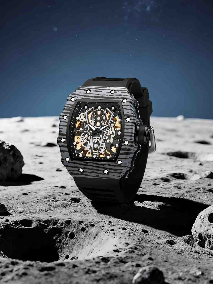 GIORDANO Automatic Square Watch for Men with Skeleton Design, Rugged Textured Case, Luminous Hands, and Silicone Strap - GZ-50181-11
